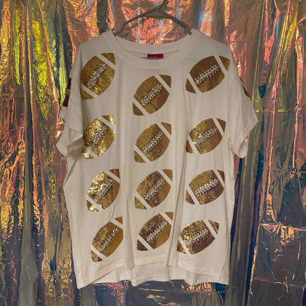 QOS White Rhinestone Football Tee